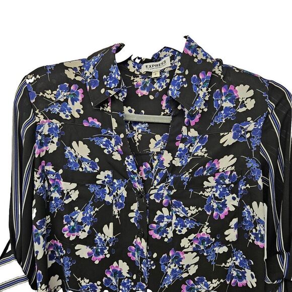 Express Portofino Floral Striped Shirt Blouse Top S Roll Tab *FLAW - Picture 3 of 7